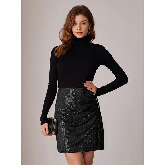 Women's 2024 Sequin Bodycon Skirt Sparkly Ruched Mini Skirts Shiny Glittered - Picture 2 of 6